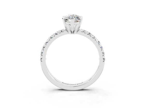 Silver Marquise Cut Moissanite Solitaire Pavé Engagement Ring with Round Band and Prong Setting