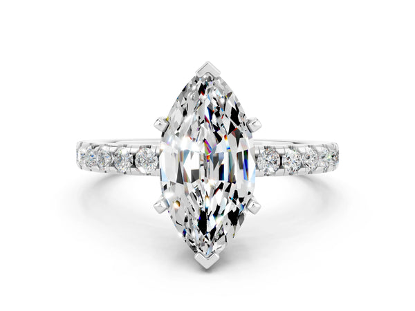 Silver Marquise Cut Moissanite Solitaire Ring with Round Pavé Band and Four-Prong Setting