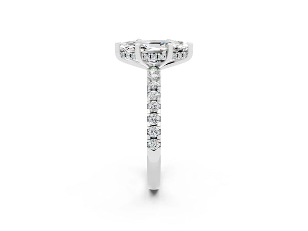 Silver Marquise Cut Moissanite Solitaire Ring with Round Pavé Band and Four-Prong Setting