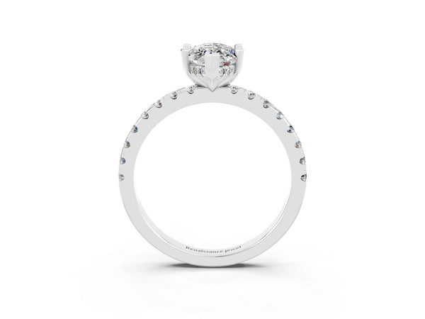 Silver Marquise Cut Moissanite Solitaire Ring with Round Pavé Band and Four-Prong Setting