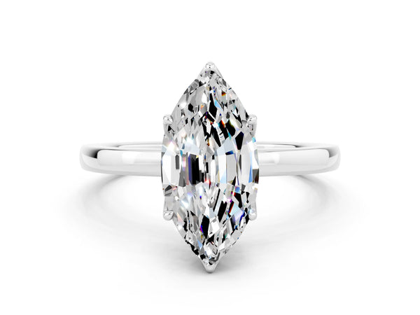 Silver Marquise Cut Moissanite Solitaire Ring with Thin Band and Prong Setting