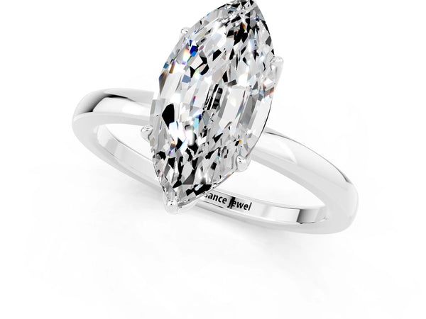 Silver Marquise Cut Moissanite Solitaire Ring with Thin Band and Prong Setting