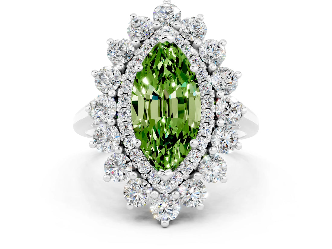 Silver Marquise Cut Peridot Floral Double Halo Engagement Ring with Prong Setting_162