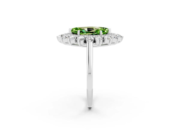 Silver Marquise Cut Peridot Floral Double Halo Engagement Ring with Prong Setting