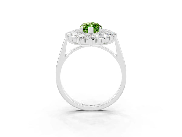 Silver Marquise Cut Peridot Floral Double Halo Engagement Ring with Prong Setting