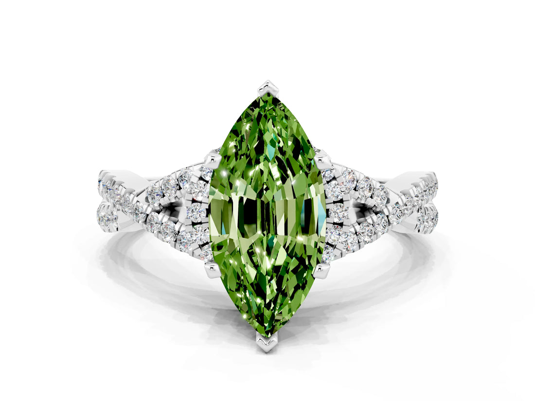 Silver Marquise Cut Peridot  Halo Twist Band Solitaire Prong Setting Ring_12