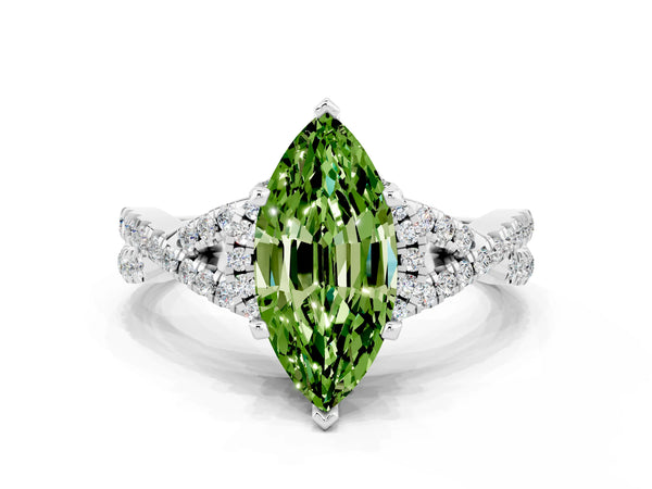 Silver Marquise Cut Peridot  Halo Twist Band Solitaire Prong Setting Ring