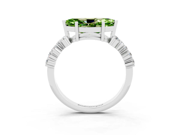 Silver Marquise Cut Peridot Scattered Round Accent Ring with Prong Setting