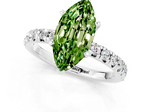 Silver Marquise Cut Peridot Solitaire Pavé Engagement Ring with Round Band and Prong Setting