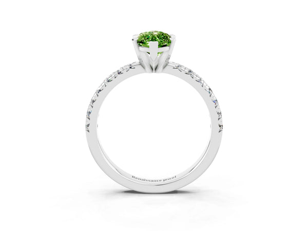 Silver Marquise Cut Peridot Solitaire Pavé Engagement Ring with Round Band and Prong Setting