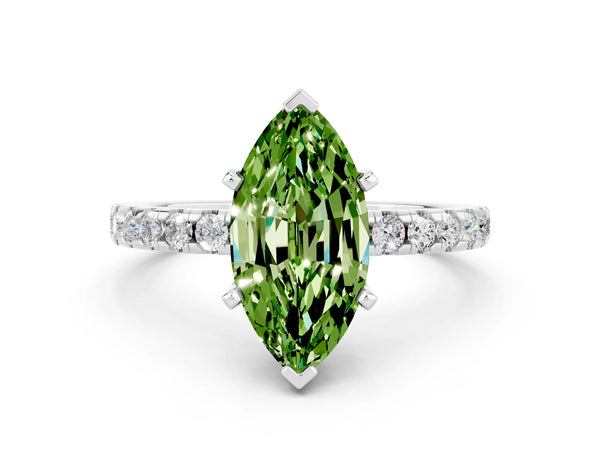 Silver Marquise Cut Peridot Solitaire Ring with Round Pavé Band and Four-Prong Setting