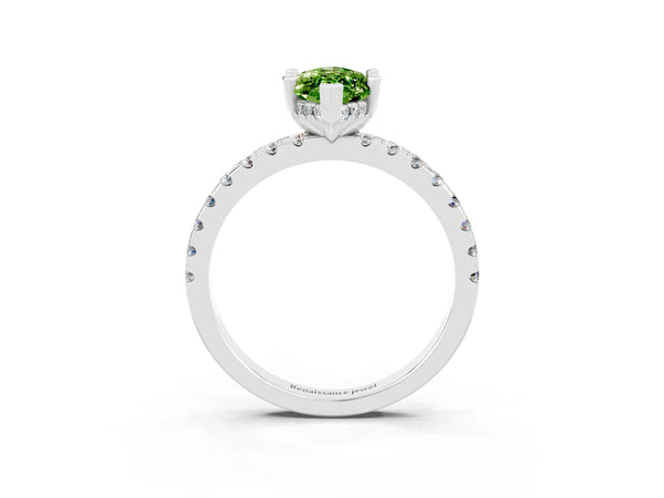 Silver Marquise Cut Peridot Solitaire Ring with Round Pavé Band and Four-Prong Setting