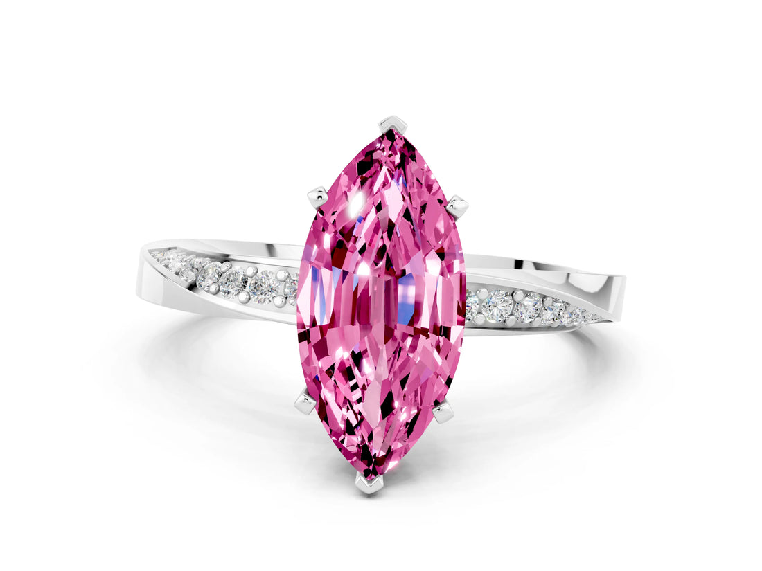 Silver Marquise Cut Pink Sapphire Engagement Ring with Side Stone Accents and Four-Prong Setting_24