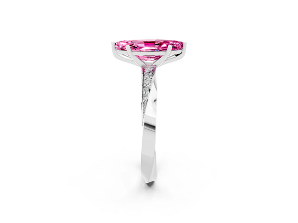 Silver Marquise Cut Pink Sapphire Engagement Ring with Side Stone Accents and Four-Prong Setting