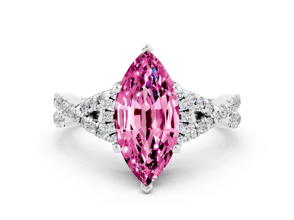 Silver Marquise Cut Pink Sapphire  Halo Twist Band Solitaire Prong Setting Ring