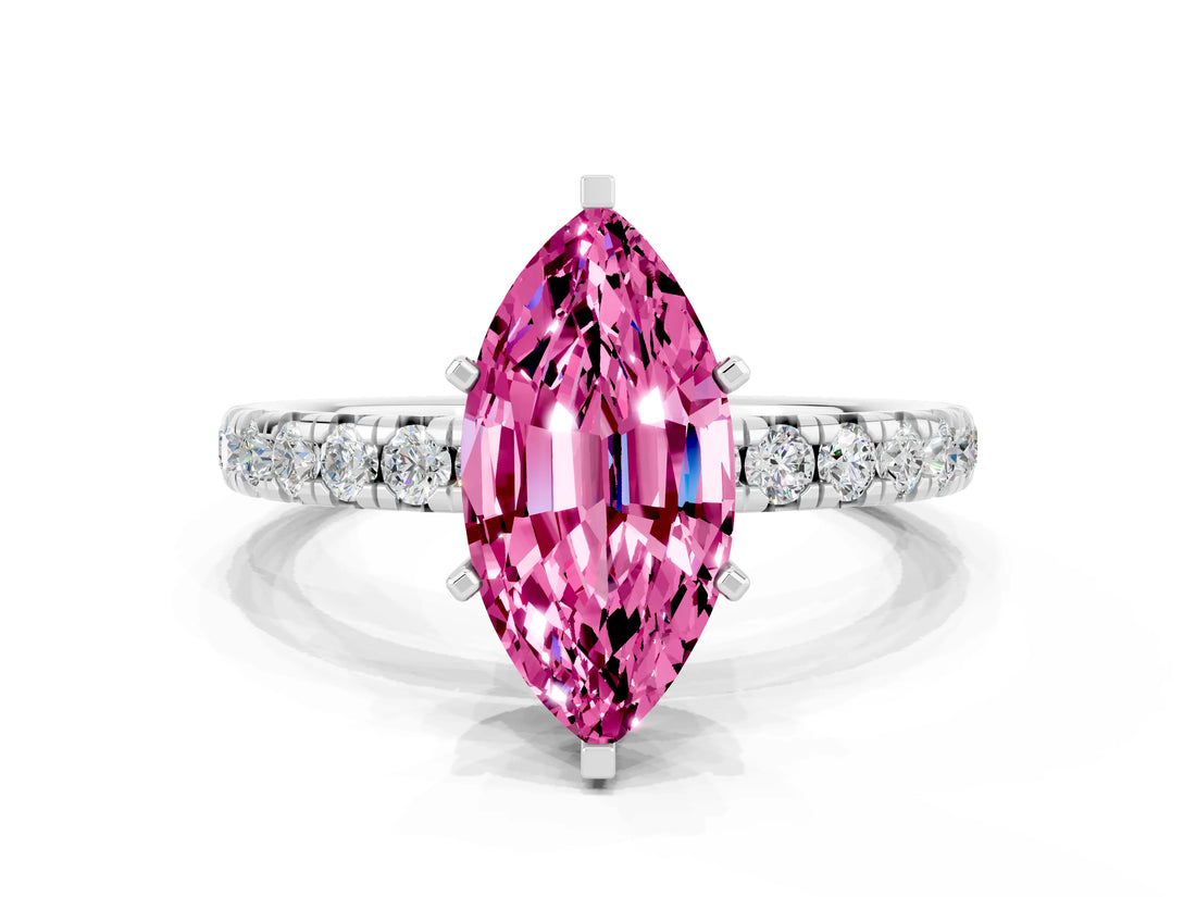Silver Marquise Cut Pink Sapphire Pavé Solitaire Ring with Round Band and Prong Setting_42
