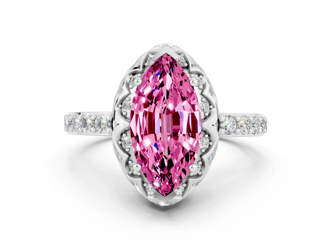 Silver Marquise Cut Pink Sapphire Scalloped Halo Engagement Ring with Round Shared Prong Band_60
