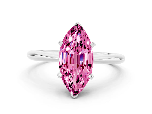 Silver Marquise Cut Pink Sapphire Solitaire Engagement Ring with Classic Band and Four-Prong Setting