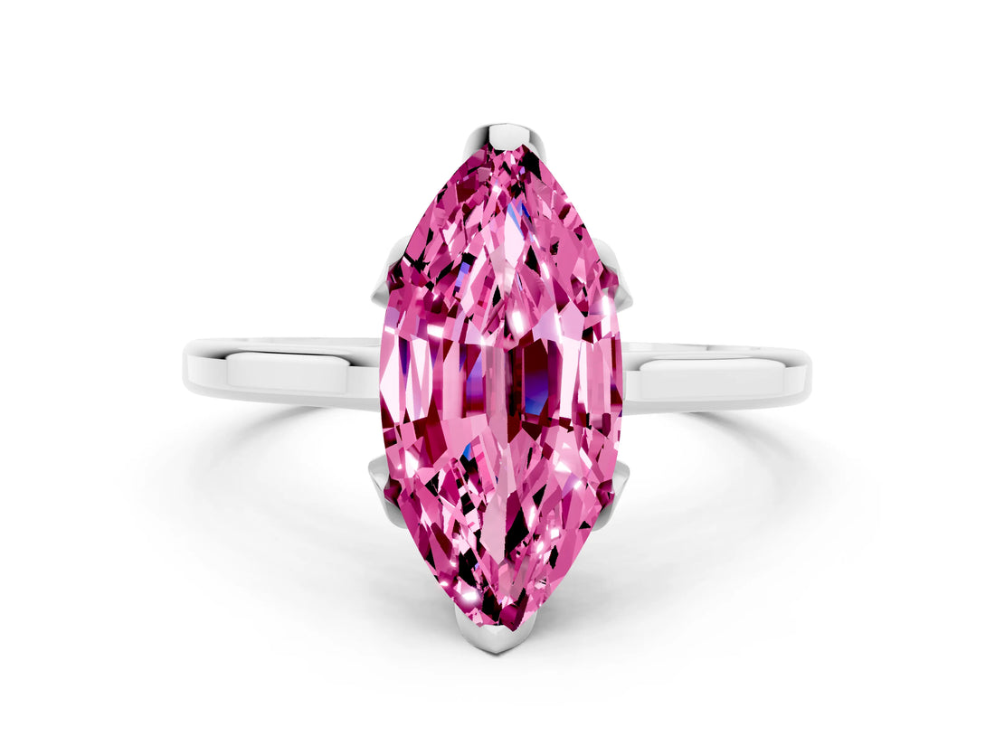 Silver Marquise Cut Pink Sapphire Solitaire Ring with Flower Prong Setting and Classic Band_12