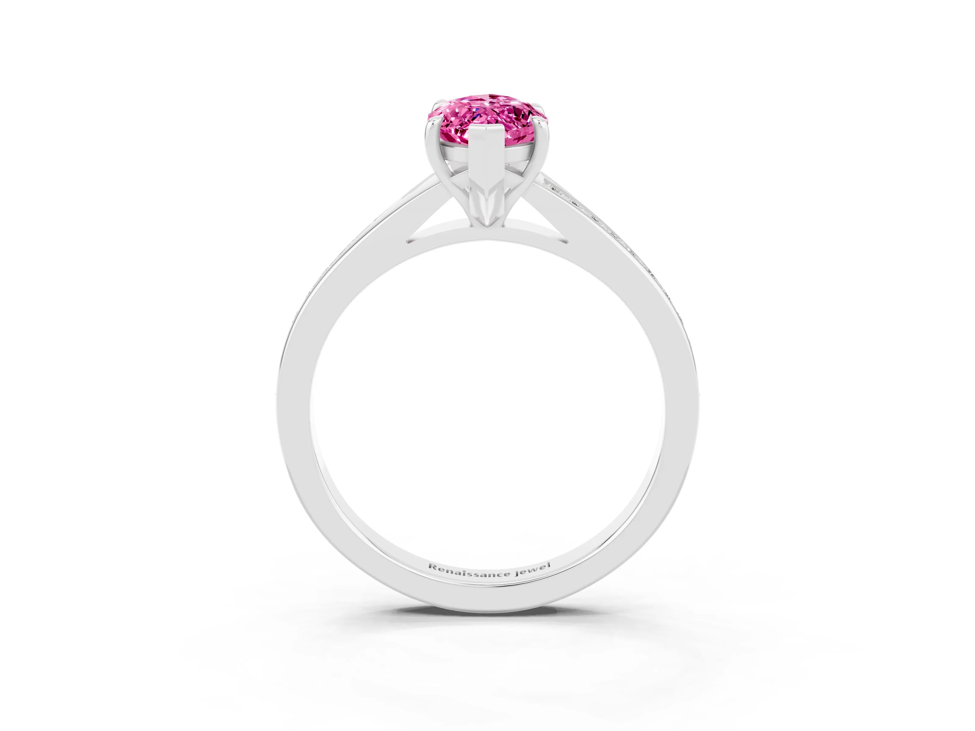 Silver Marquise Cut Pink Sapphire Solitaire Ring with Pavé Band and Prong Setting_15