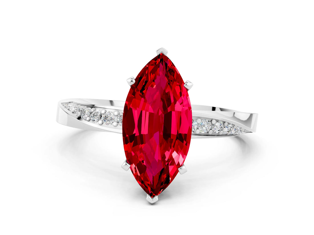 Silver Marquise Cut Ruby Engagement Ring with Side Stone Accents and Four-Prong Setting_24