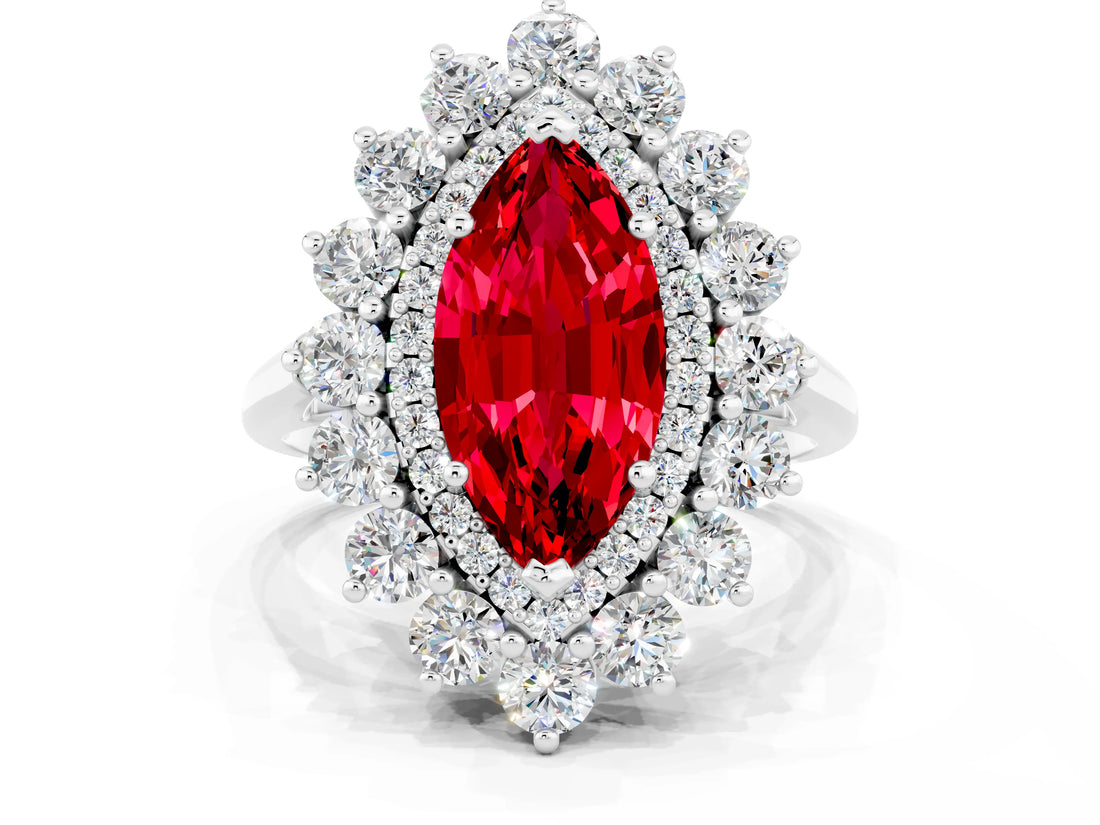 Silver Marquise Cut Ruby Floral Double Halo Engagement Ring with Prong Setting_144