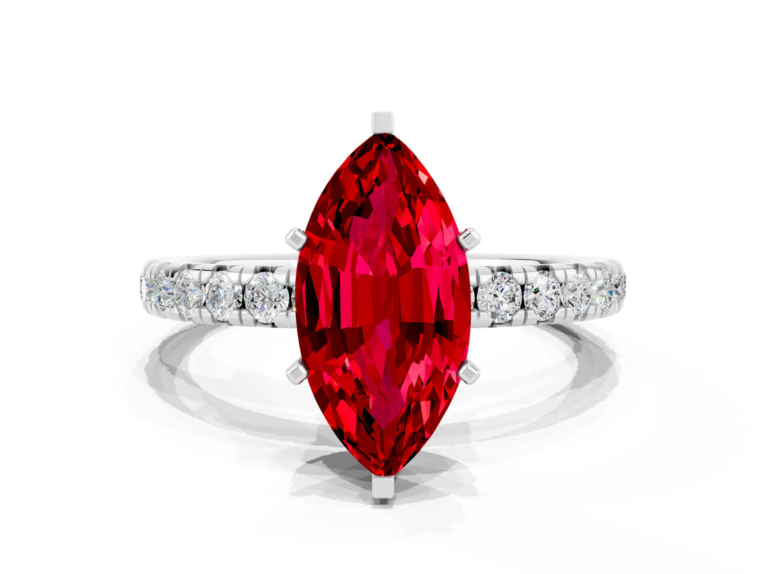 Silver Marquise Cut Ruby Pavé Solitaire Ring with Round Band and Prong Setting_42
