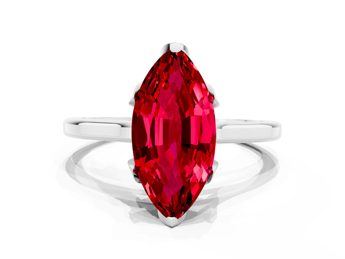 Silver Marquise Cut Ruby Solitaire Ring with Flower Prong Setting and Classic Band