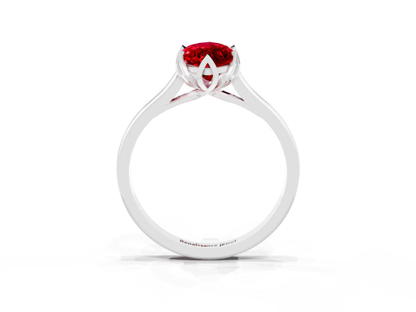 Sterling Silver Marquise Lab-Grown Ruby Floral Solitaire Engagement Ring with Plain Band