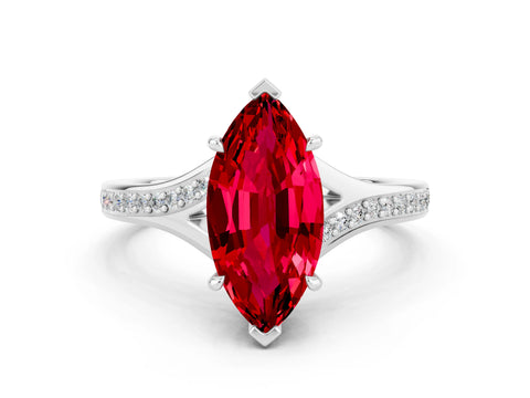 Silver Marquise Cut Ruby Solitaire Ring with Pavé Band and Prong Setting_12