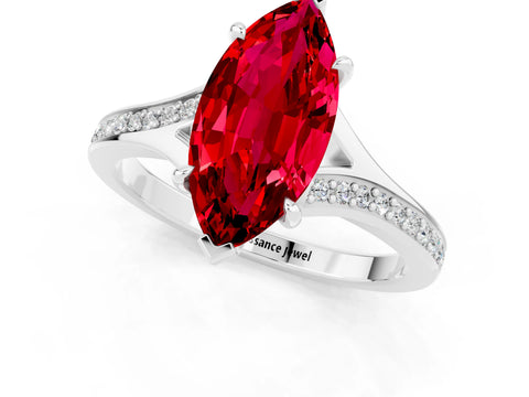 Silver Marquise Cut Ruby Solitaire Ring with Pavé Band and Prong Setting_13