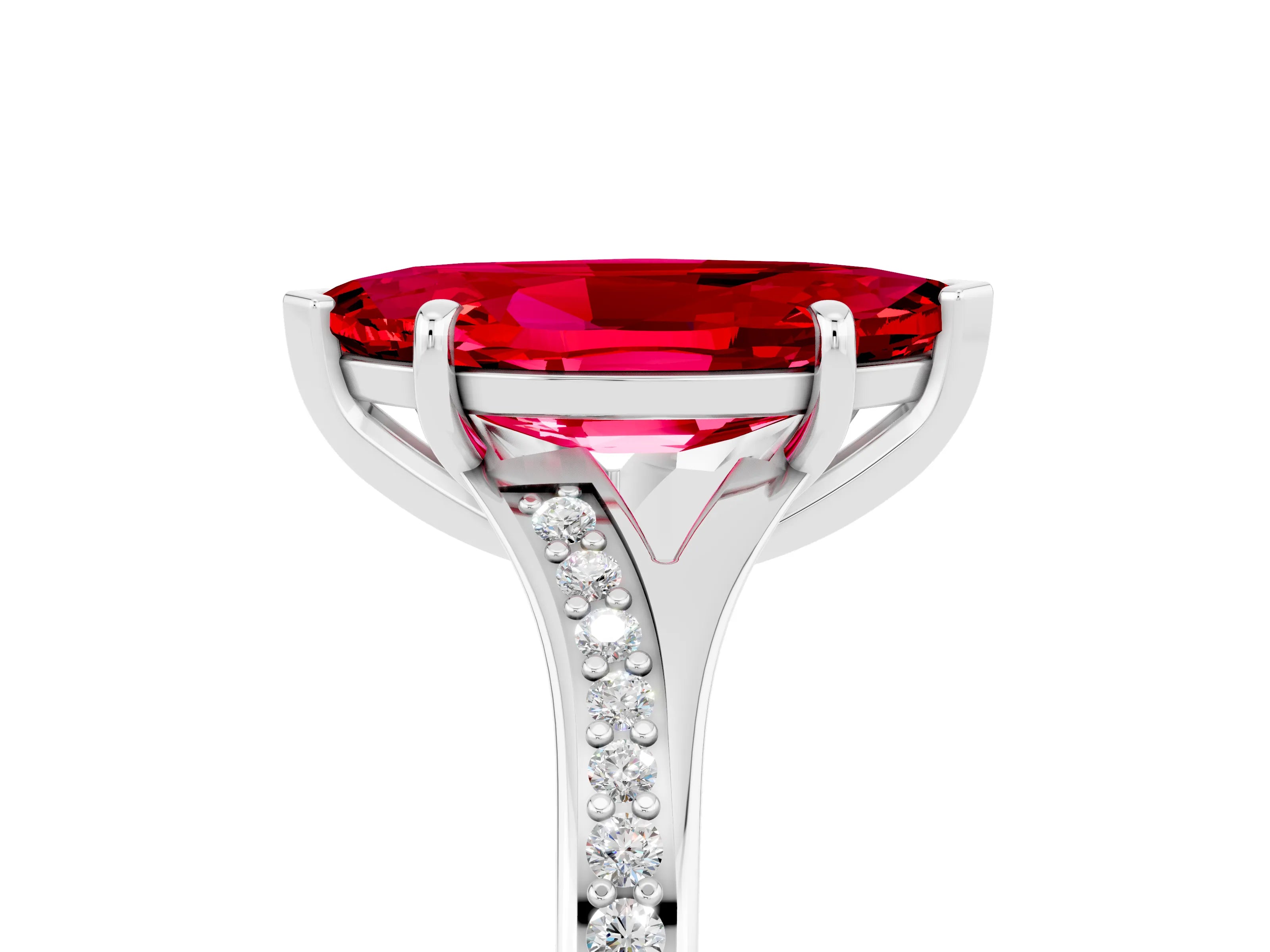 Silver Marquise Cut Ruby Solitaire Ring with Pavé Band and Prong Setting_17