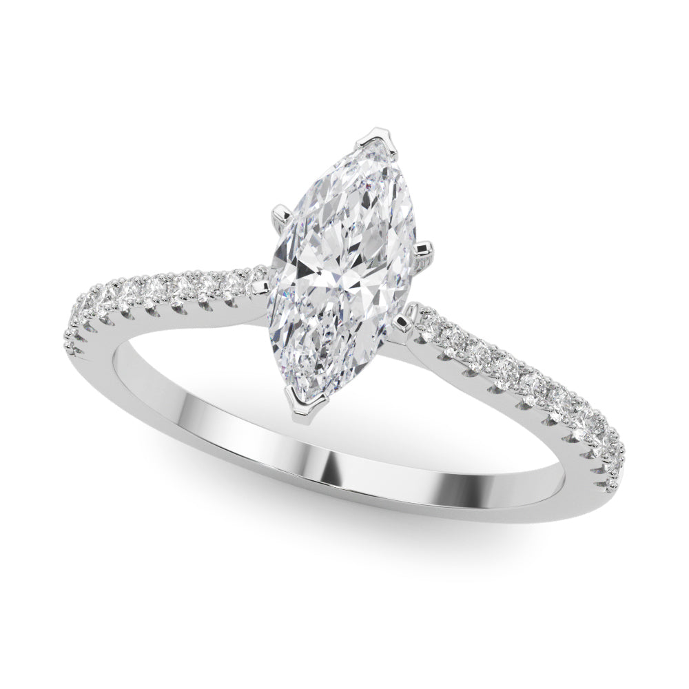 Silver Marquise Cut Solitaire Diamond Engagement Ring with Pave Band and Four-Prong Setting 2