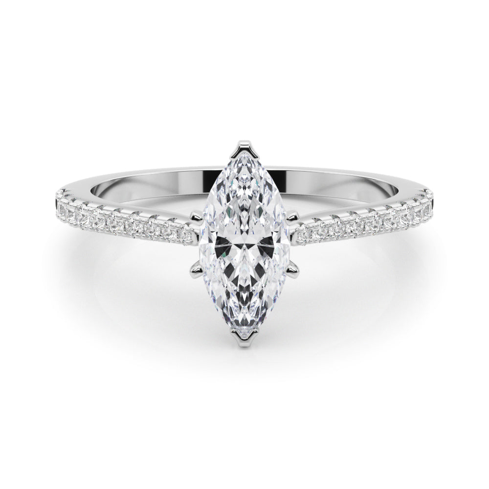Silver Marquise Cut Solitaire Diamond Engagement Ring with Pave Band and Four-Prong Setting