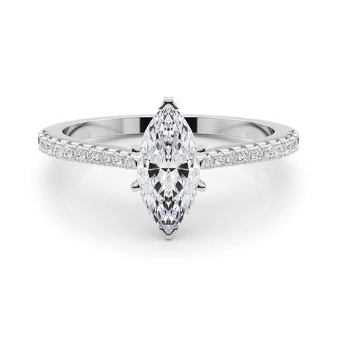 Silver Marquise Cut Solitaire Diamond Engagement Ring with Pave Band and Four-Prong Setting