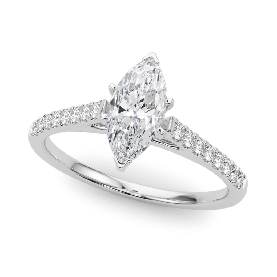 White gold Marquise Cut Solitaire Diamond Ring with Pave Band and Four-Prong Setting
