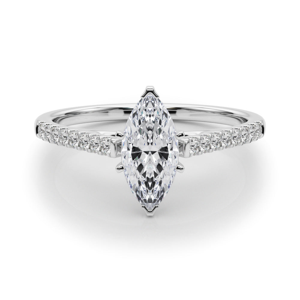 Silver Marquise Cut Solitaire Diamond Ring with Pave Band and Four-Prong Setting