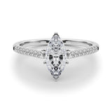 Silver Marquise Cut Solitaire Diamond Ring with Pave Band and Four-Prong Setting