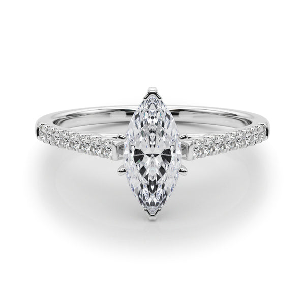 White gold Marquise Cut Solitaire Diamond Ring with Pave Band and Four-Prong Setting