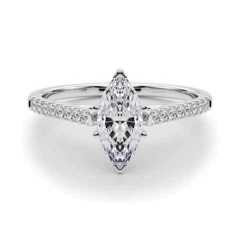 Silver Marquise Cut Solitaire Diamond Ring with Pave Band and Four-Prong Setting