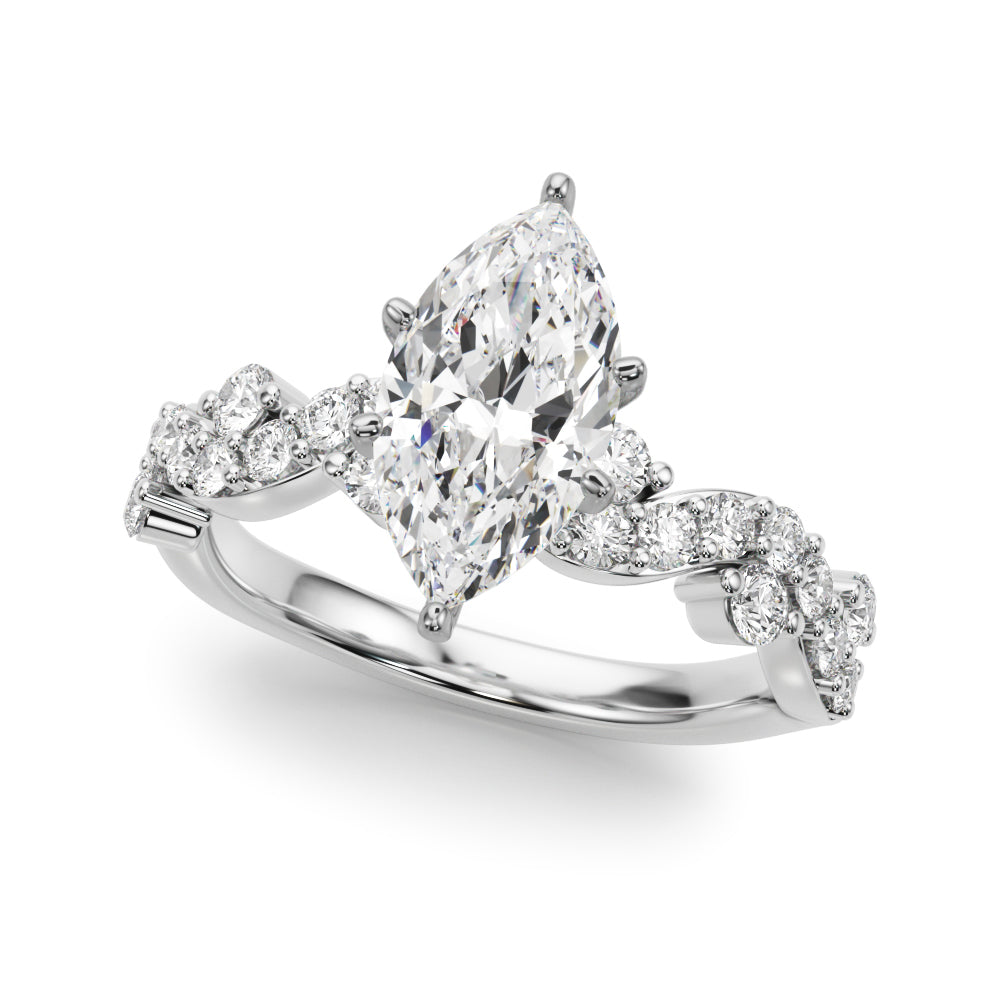 Silver Marquise Cut Solitaire Diamond Twisted Band with Pave Setting 2