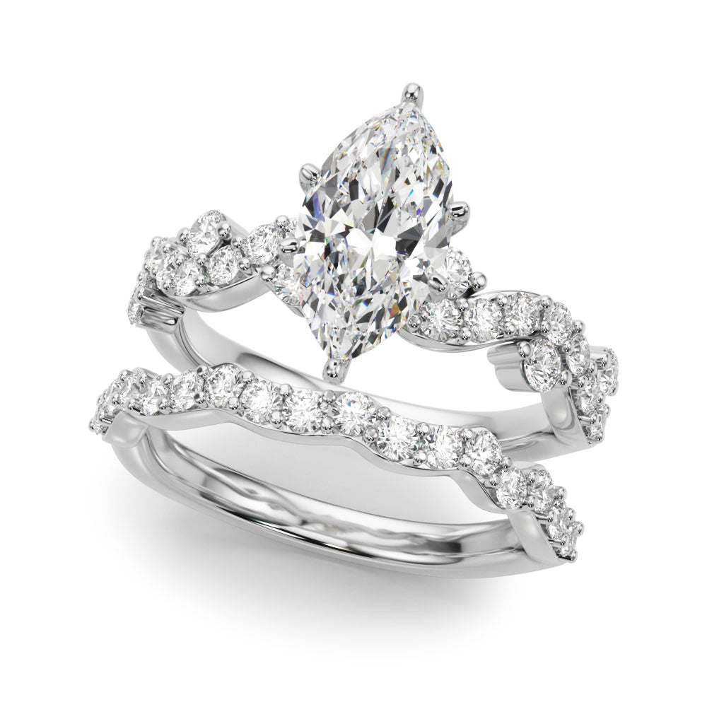 Silver Marquise Cut Solitaire Diamond Twisted Band with Pave Setting
