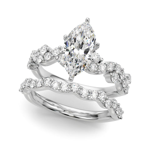 Silver Marquise Cut Solitaire Diamond Twisted Band with Pave Setting
