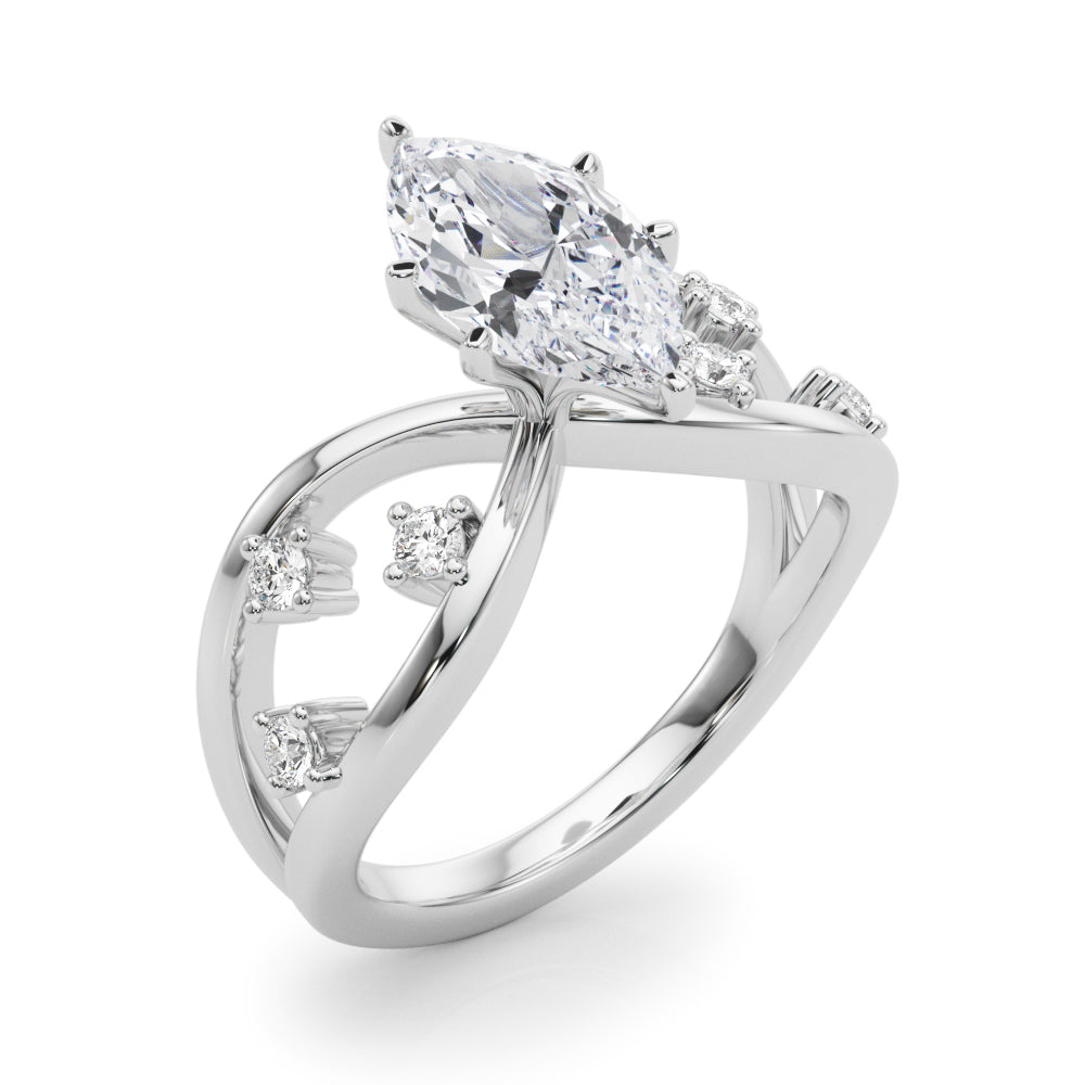 Silver Marquise Cut Solitaire Diamond with Side Stones on Criss-Cross Band and Four-Prong Setting