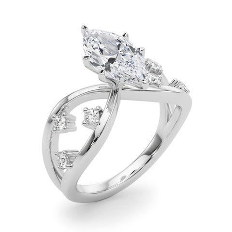 Silver Marquise Cut Solitaire Diamond with Side Stones on Criss-Cross Band and Four-Prong Setting