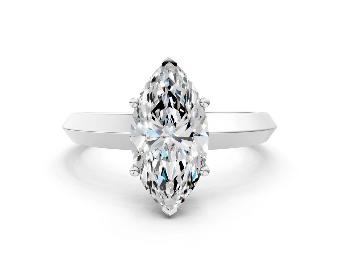 Silver Marquise Cut Solitaire Engagement Ring with Flat Band and Four-Prong Setting