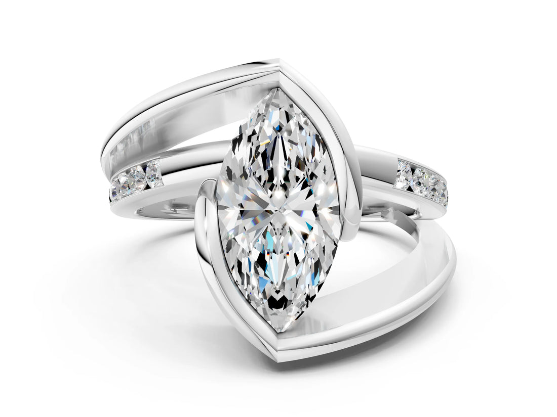 Silver Marquise Cut Solitaire Tension-Set Diamond Split Shank Ring_25
