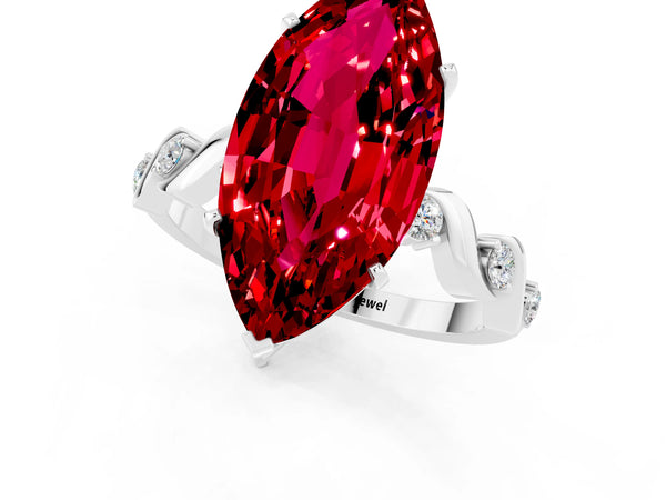 Silver Marquise Cut Ruby Solitaire Twisted Band with Round  Accents and Prong Setting