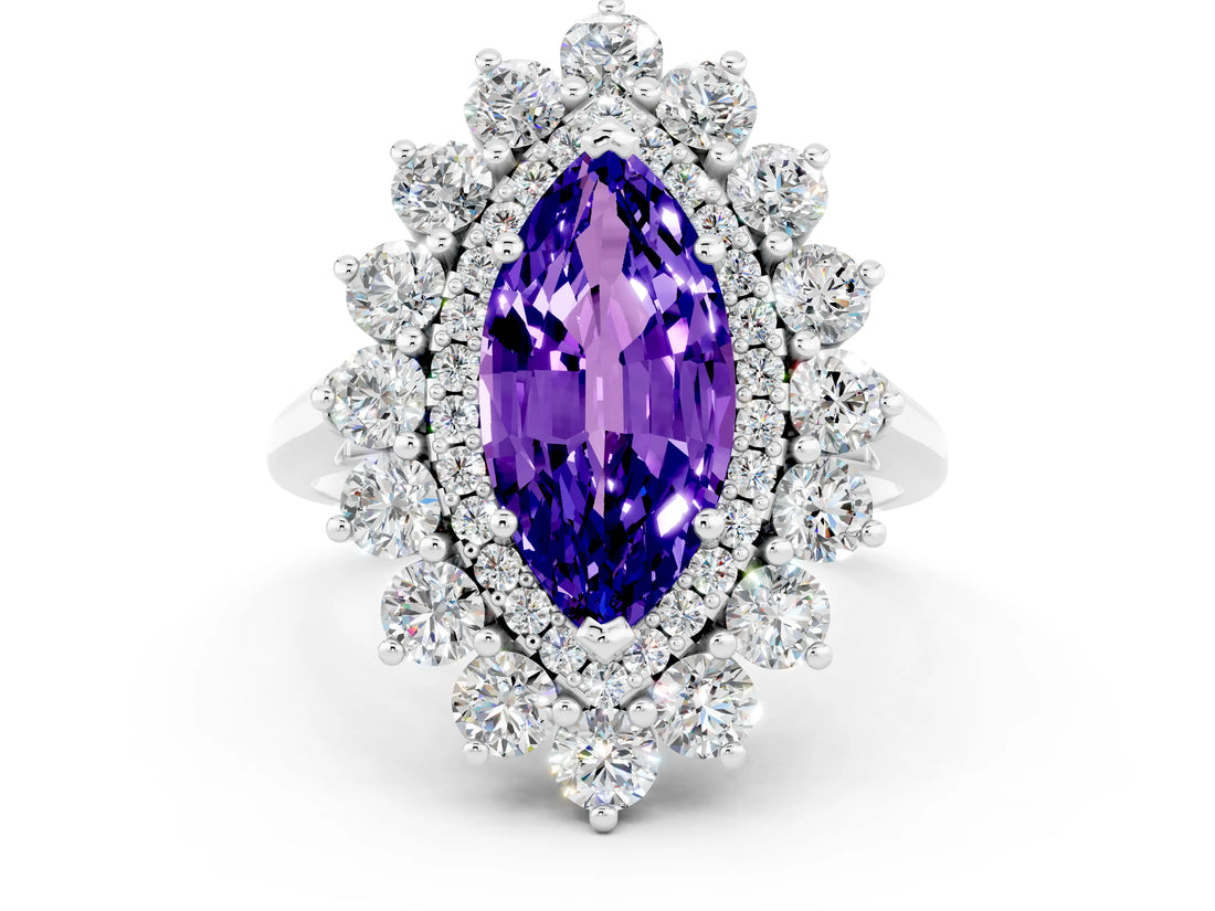 Silver Marquise Cut Tanzanite Floral Double Halo Engagement Ring with Prong Setting_138