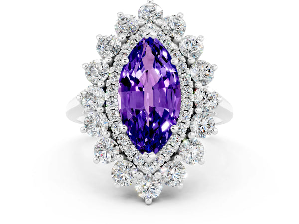 Silver Marquise Cut Tanzanite Floral Double Halo Engagement Ring with Prong Setting